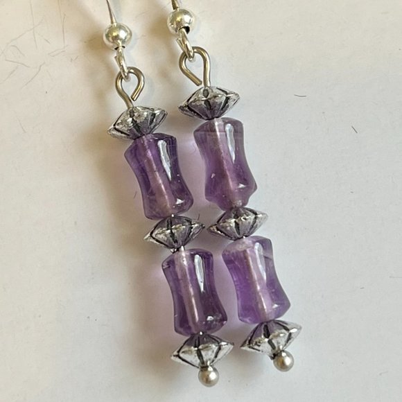 Lavender Purple Amethyst Bead Earrings Silver Plated Dangle Semiprecious - Picture 1 of 9